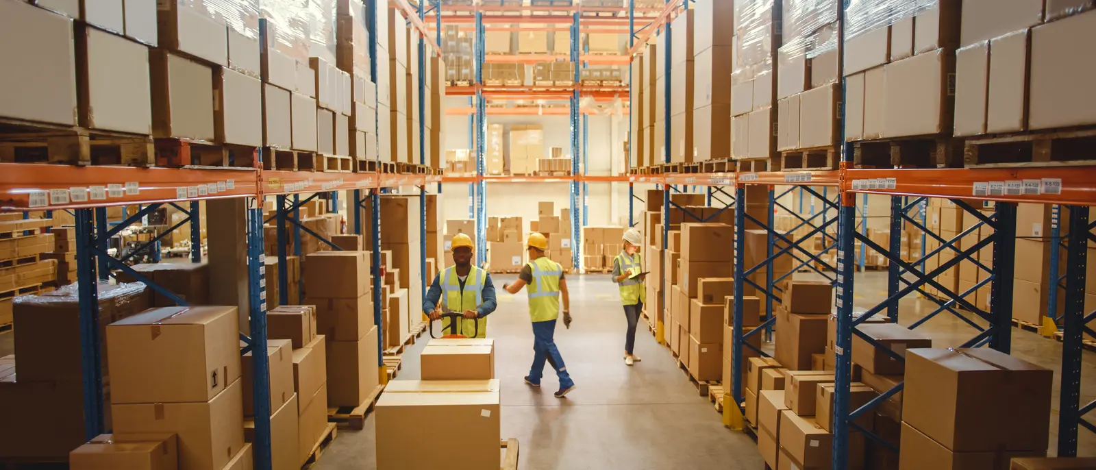 Warehouse workers in hi-vis vests and hard hats moving a pallet down an aisle of racked cartons